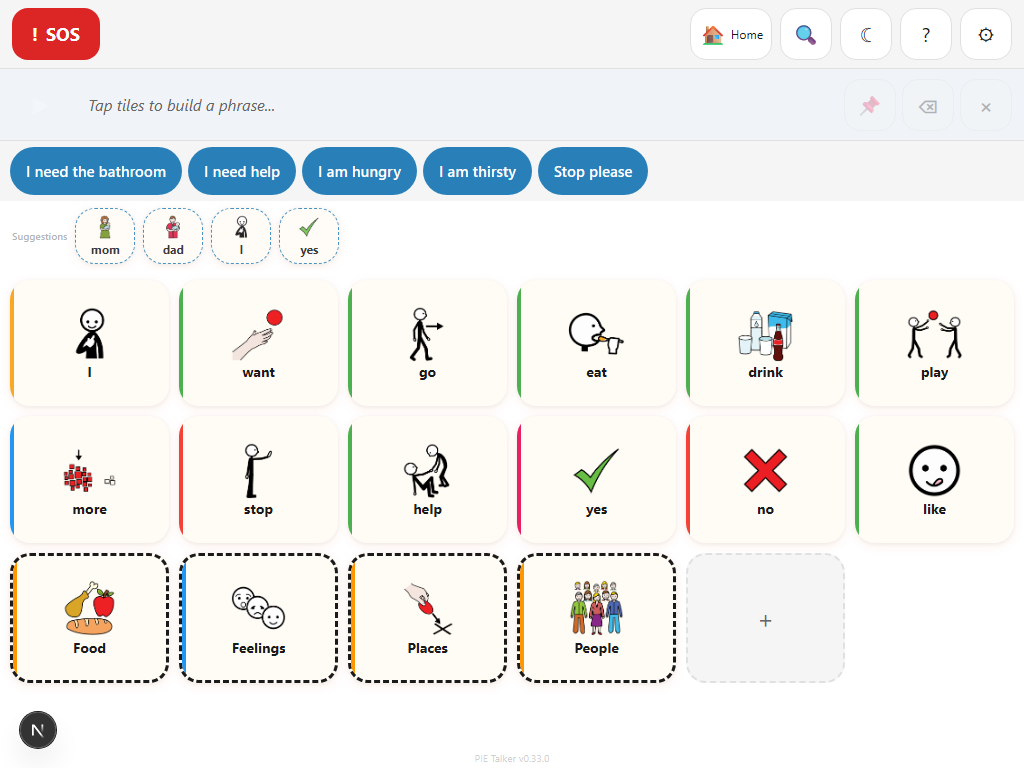 Pie Talker main communication grid showing vocabulary tiles, quick phrases, and prediction suggestions