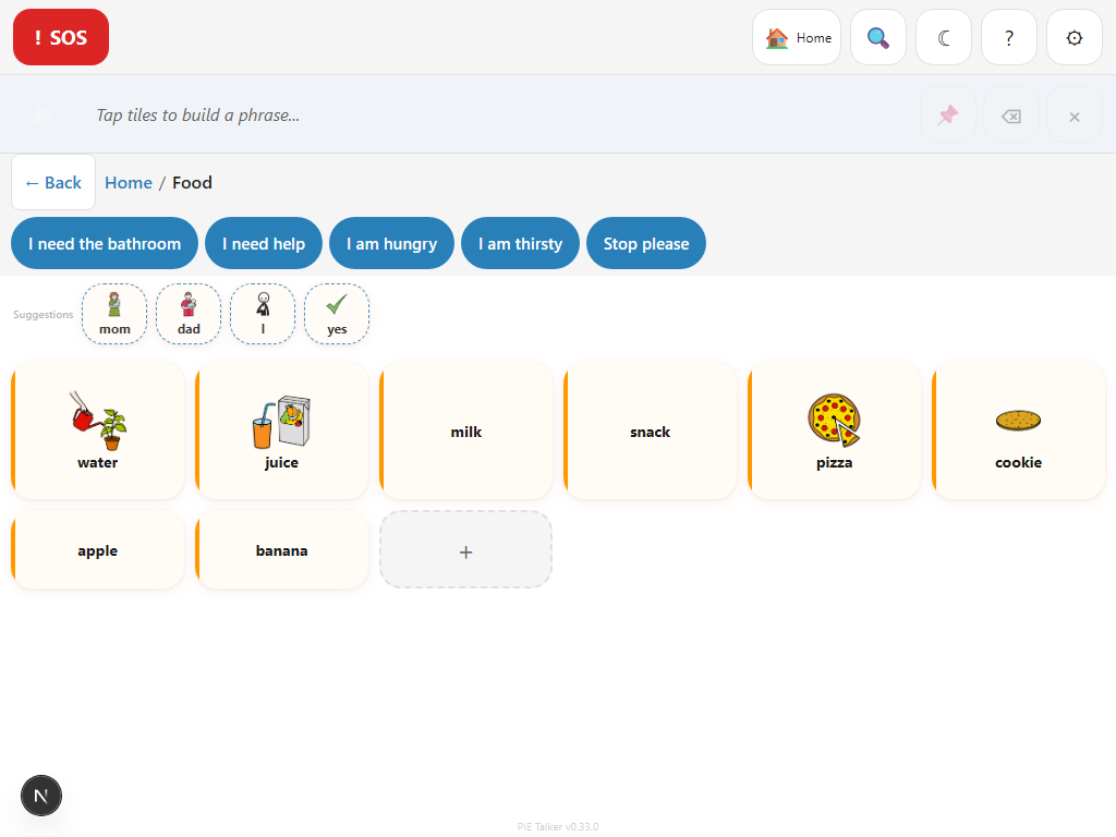Food folder open showing water, juice, pizza, cookie tiles with Home / Food breadcrumb trail