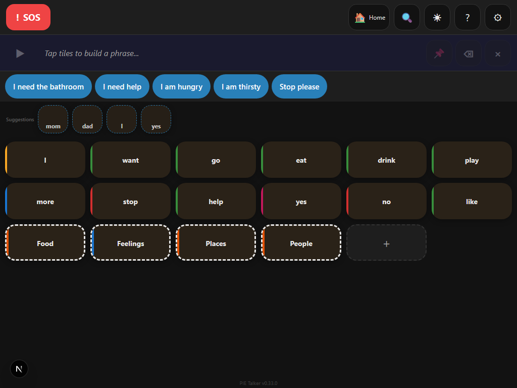 Pie Talker in dark mode showing the communication grid with dark backgrounds and light text