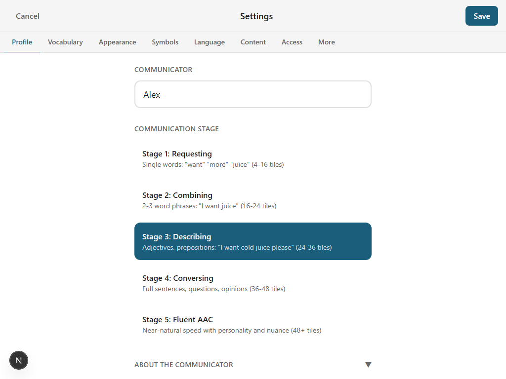 Settings profile screen showing life context pack selection with multiple packs enabled